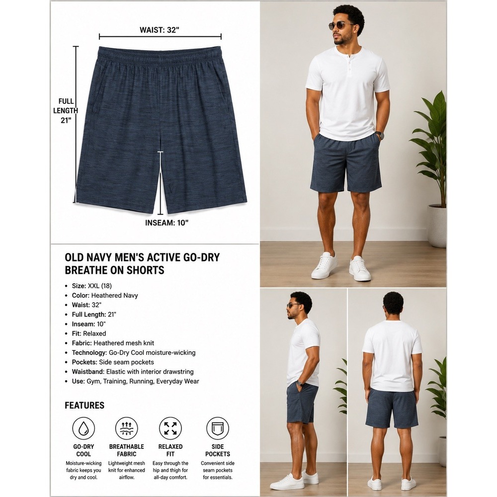 Old Navy Go-Dry Breathe On Men's Athletic Shorts 2XL Blue 10" Pockets